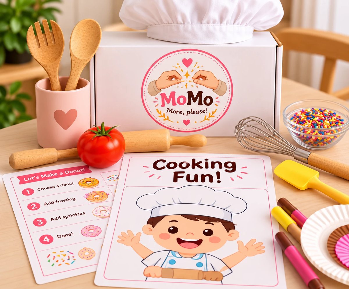 Cooking Box with chef hat, wooden spoons, a Let's Make a Donut card and the Cooking Fun worksheet