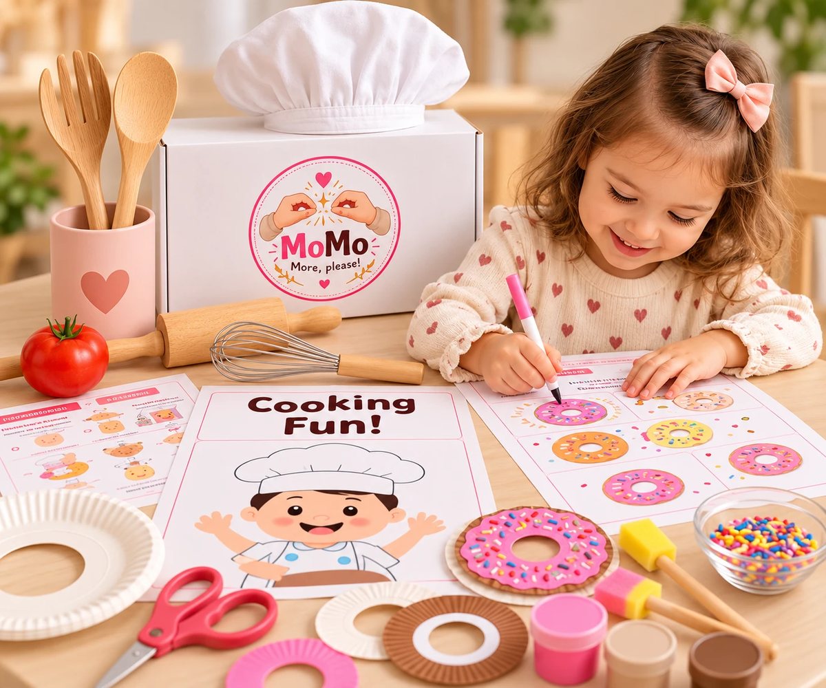 A girl coloring donuts on a Cooking Box worksheet