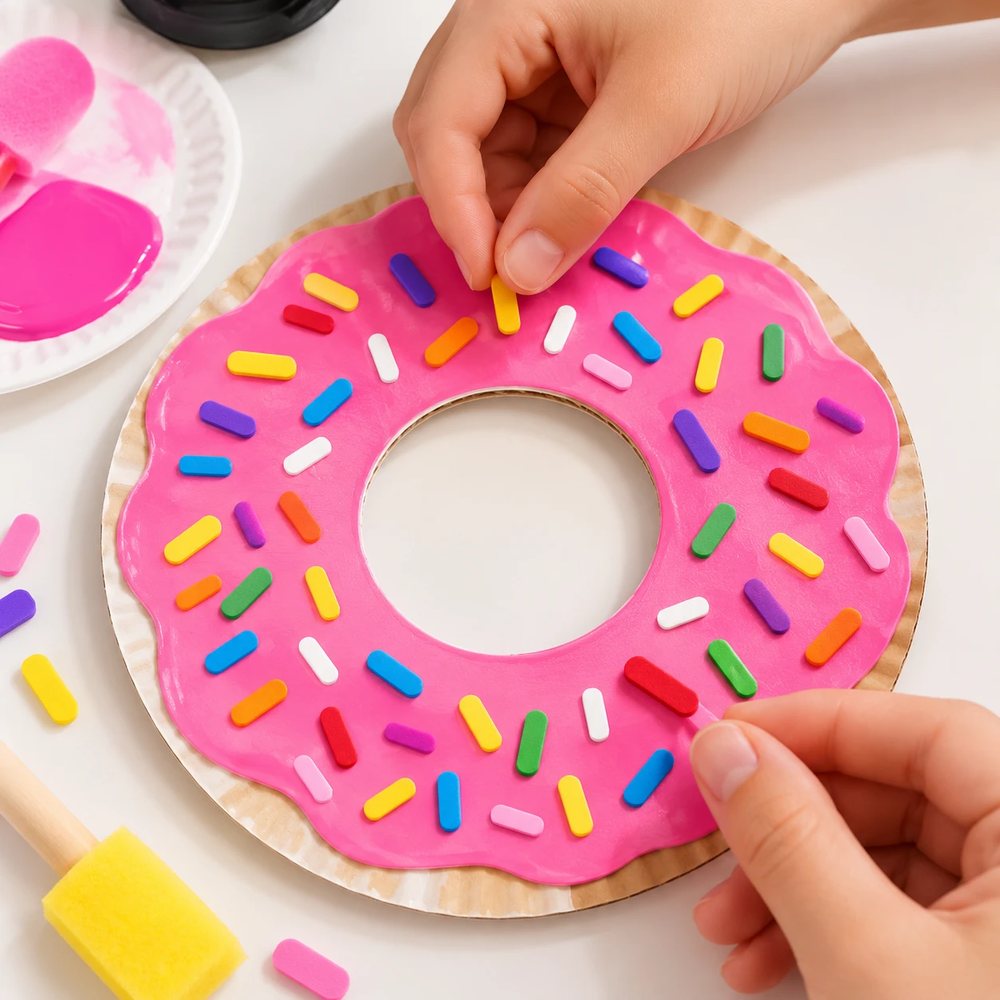 Hands adding colorful sprinkles to a pink paper plate donut craft