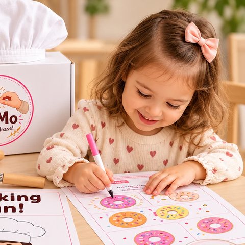 A little girl coloring donuts at her table