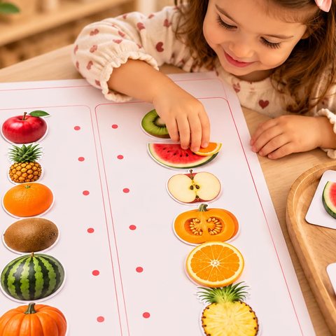 A girl matching fruit halves