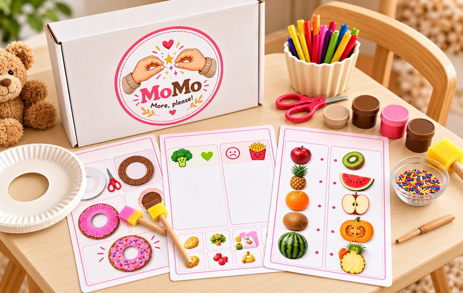 A MoMo activity box with a donut craft sheet, a fruit matching worksheet and crayons on a child's table