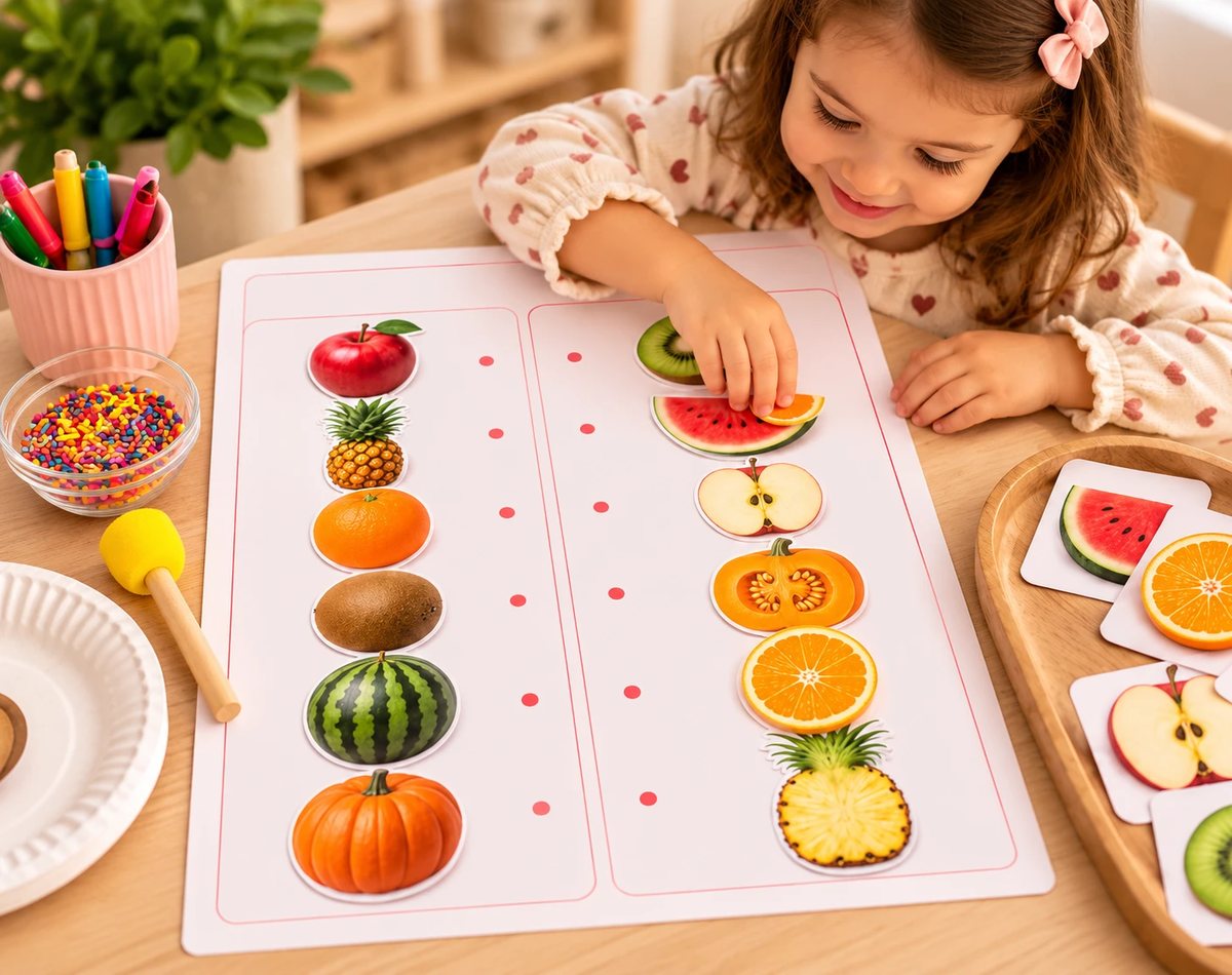 A girl matching whole fruit to cut fruit on the logic worksheet